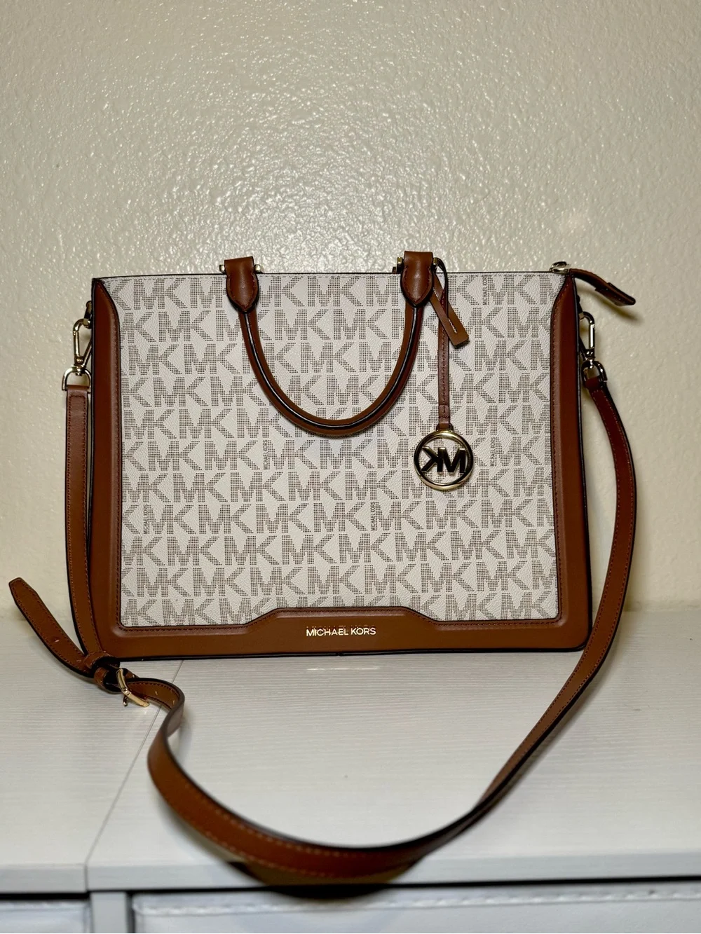 Michael Kors Brown and White Signature MK Satchel